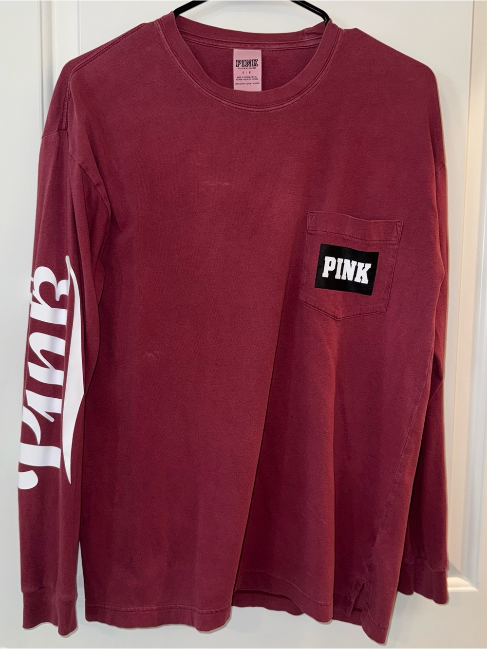PINK Victoria's Secret Long Sleeve Pocket Tee in Burgundy with White Sleeve Logo